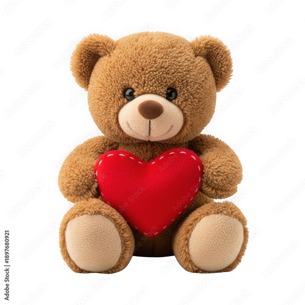 Fototapeta premium Adorable brown teddy bear holding a red heart isolated on transparent background