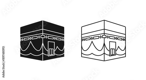Sacred Kaaba Islamic pilgrimage symbol. Modern flat black and white Hajj Mecca icon vector art.