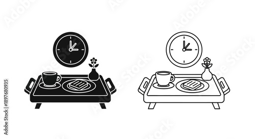 Cozy Breakfast in Bed Icon Vector Illustration with Clock – Morning Routine Comfort