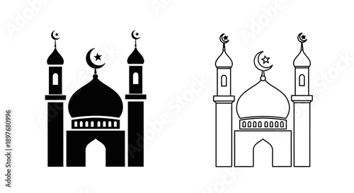 Mosque Icon with Minarets Dome for Islam Muslim Prayer and Ramadan Vector Graphic