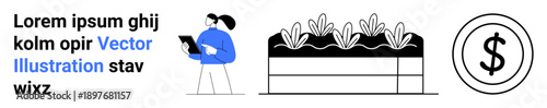 Technology applications, sustainable farming, financial growth, business solutions, investment strategies, agriculture modernization. Person with tablet, garden bed and a dollar icon. Technology