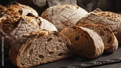 Artisan Sourdough Bread Loaves Freshly Baked on a Stone Slab