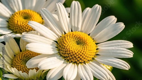 Close-up of Chamomile Flowers Opening Their Petals with Yellow Centers and White Radiating Petals