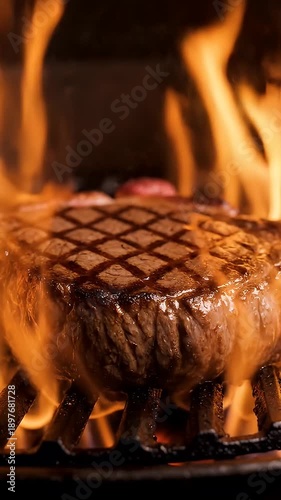A video of a steak being grilled with flames rising up