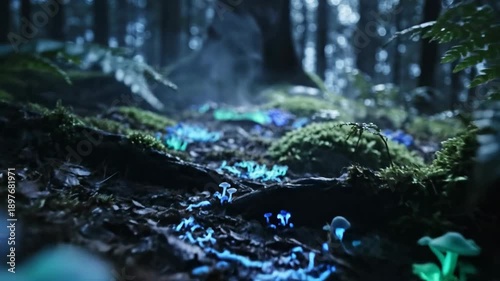 Enchanting Bioluminescent Mushrooms Glow in a Mystical Forest at Night