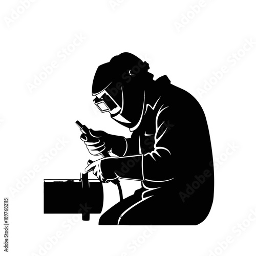 Welding worker in protective gear working on metal.