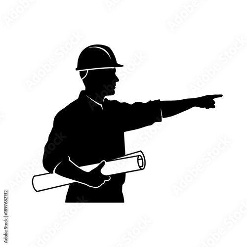 Silhouette of a construction worker holding a blueprint and pointing.
