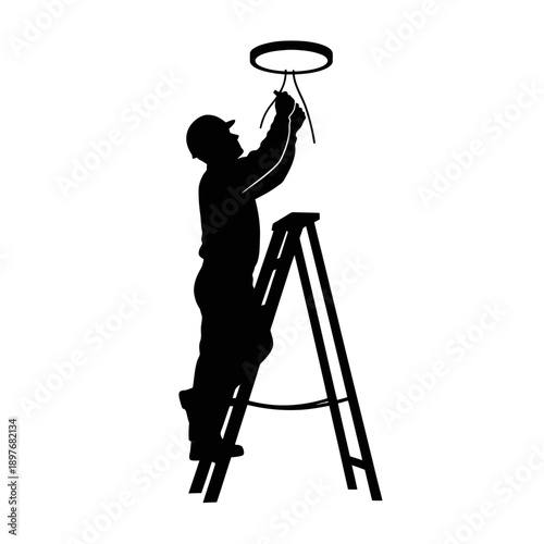 Man on ladder changing or installing a light fixture.