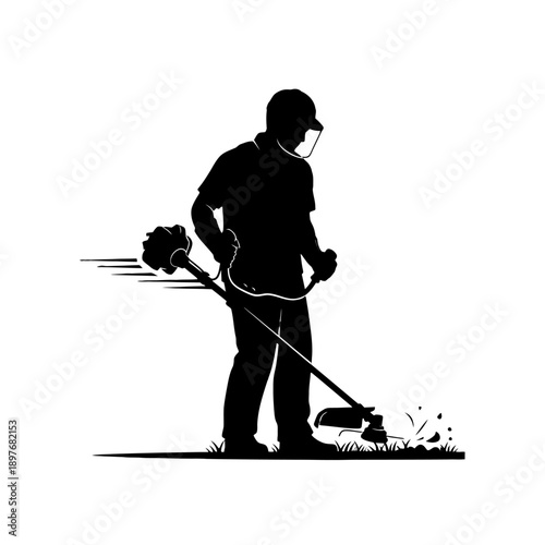 Man using a string trimmer to cut grass and weeds in the garden.