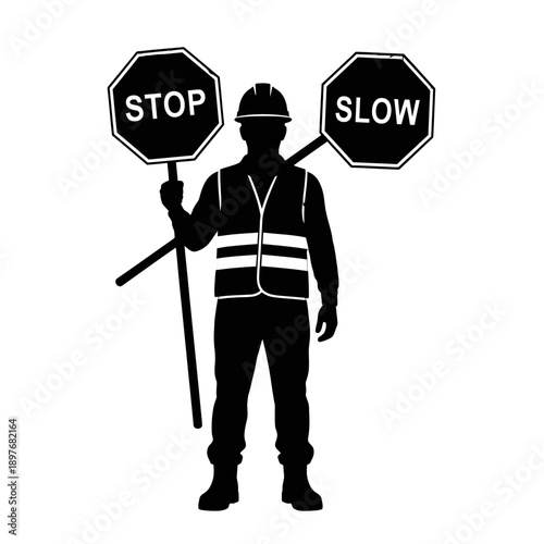 Construction worker holding stop and slow signs.