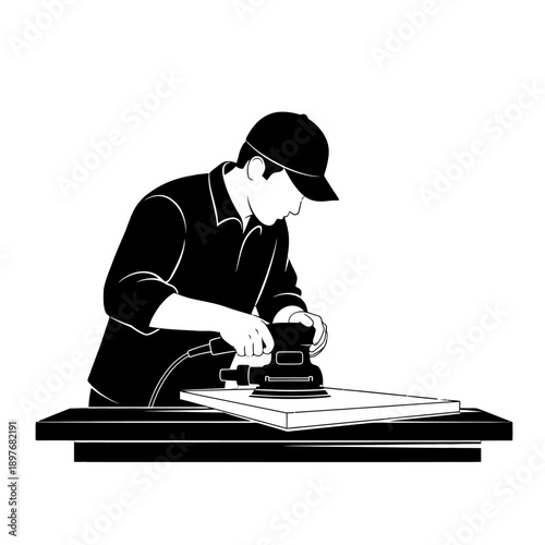 Man sanding a wooden plank with an electric sander.