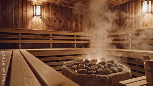 A serene video of a traditional sauna with steam rising from hot stones