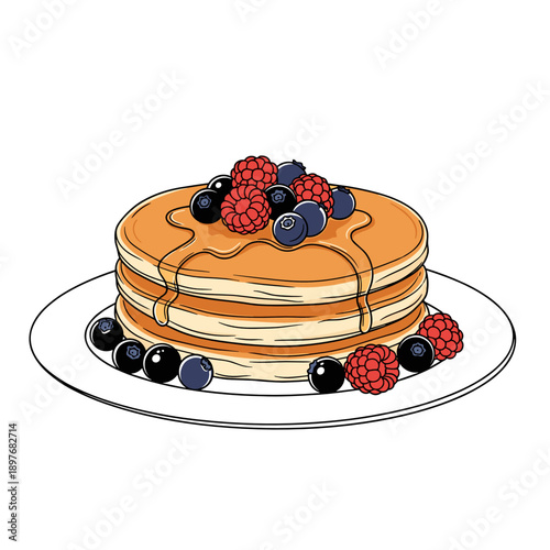 A stack of delicious pancakes with raspberries, blueberries, honey and jam on a plate. Suitable for Carnival week, party, birthday and other holidays and events.