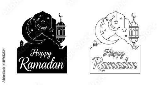 Happy Ramadan Greeting Islamic Festival Icon with Mosque Lantern Crescent Star Vector