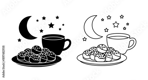 Ramadan Iftar Sahur Meal Icon with Moon Stars Tea and Sweet Donuts Plate