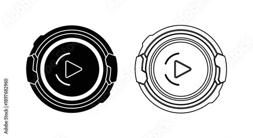 Modern play button icon in gear. Flat black and white media player interface symbol.