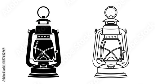 Classic vintage lantern icon. Traditional camping light, black and white rustic illumination symbol.