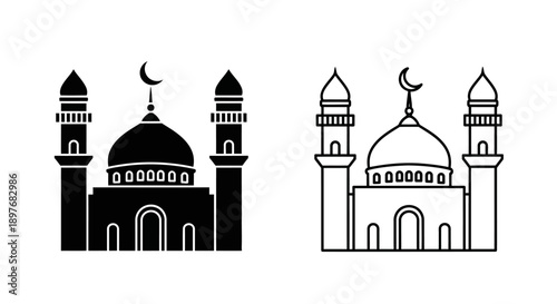 Detailed mosque with crescent moon and minarets. Islamic faith black and white architecture icon.