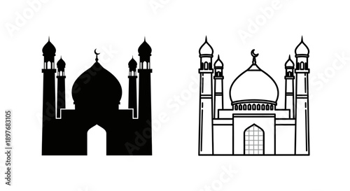 Grand Mosque with Multiple Domes and Minarets Icon, Islamic Architecture Vector