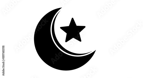 Simple Crescent Moon with Star Icon Vector, Islamic Religious Symbol Design