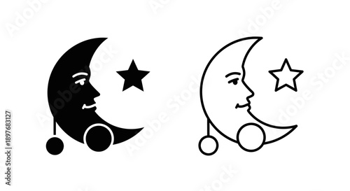 Mystical Sleeping Moon with Face, Star and Ornaments Minimal Night Sky Vector