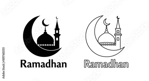 Ramadhan Islamic Mosque Icon with Crescent Moon Holy Religious Vector Symbol