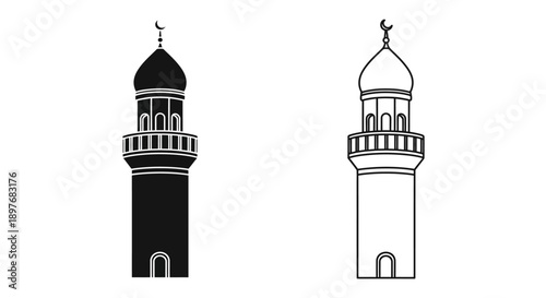 Islamic Minaret Mosque Tower Icon with Crescent Moon Symbol Vector for Religion Worship Prayer