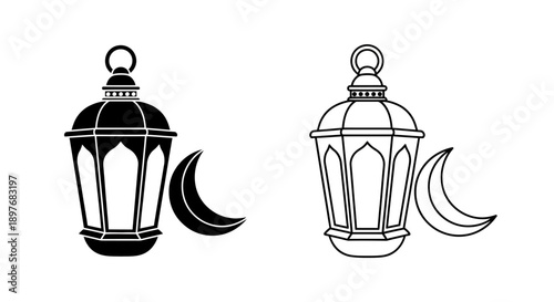 Traditional Lantern Crescent Moon Islamic Festive Decoration Icon Vector for Ramadan Eid Celebration
