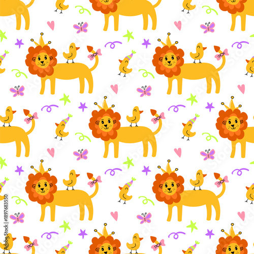 Seamless pattern with cute lion, birds and butterflies on white background. Simple lion design in flat style for kids textiles, wrapping paper and wallpaper. Bright and playful lion pattern.
