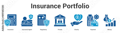 Insurance Portfolio web banner icon set vector illustration concept for business with icon of Insurance, Insurance Agent, Regulatory, Private, Chari.