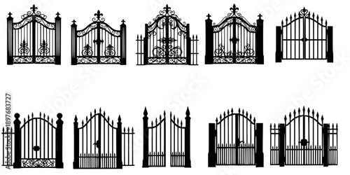 Iron Gate and Fence Entrance Silhouette Vector Icon Set
