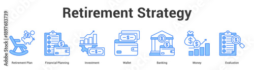 Retirement Strategy web banner icon set vector illustration concept for business with icon of Retirement Plan, Financial Planning, Investment, Wallet, Banki.