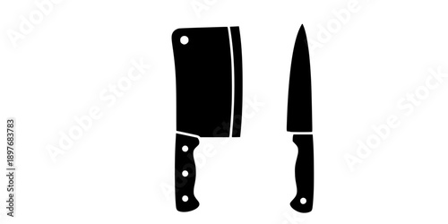 Butcher Meat Cleaver and Kitchen Knife Silhouette Vector Icon Set
