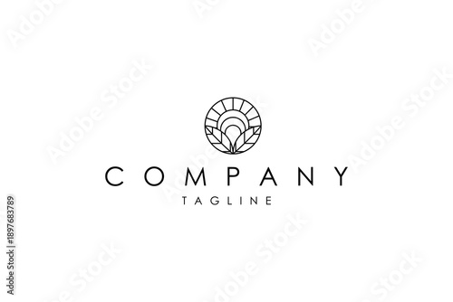 Sunrise logo with natural leaves in circle frame in line art design style
