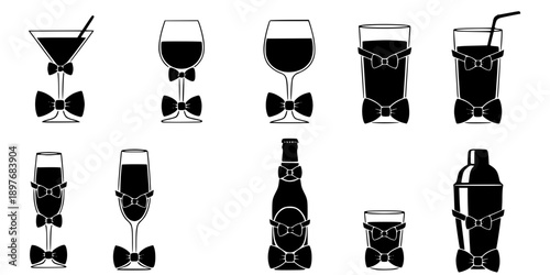 Cocktail and Party Drink Silhouette Vector Icon Set with Bow Ties
