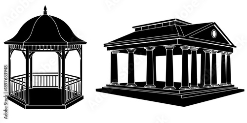 Garden Gazebo and Park Pavilion Silhouette Vector Icon Set
