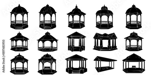 Garden Gazebo and Park Pavilion Silhouette Vector Icon Set
