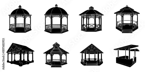Garden Gazebo and Park Pavilion Silhouette Vector Icon Set
