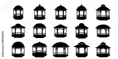Garden Gazebo and Park Pavilion Silhouette Vector Icon Set
