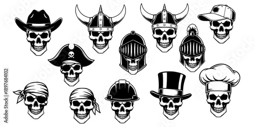Skull Head Silhouette Set wearing Hats Helmets and Accessories for Mascot Design
