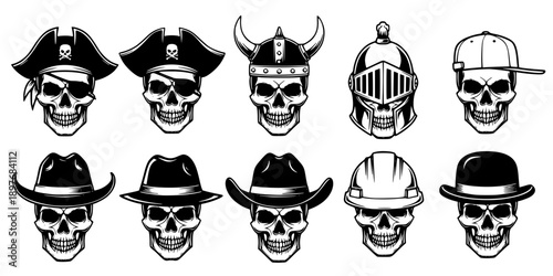 Skull Head Silhouette Set wearing Hats Helmets and Accessories for Mascot Design
