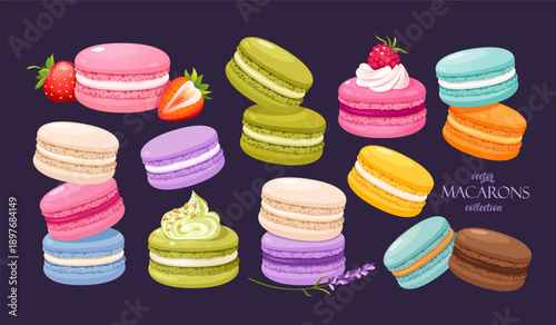 Colorful French Macarons Collection Illustration, Assorted Sweet Dessert Set with Different Flavors, Cute Pastry Vector Isolated on Dark Background for Bakery, Cafe, Menu, Packaging and Food Design.
