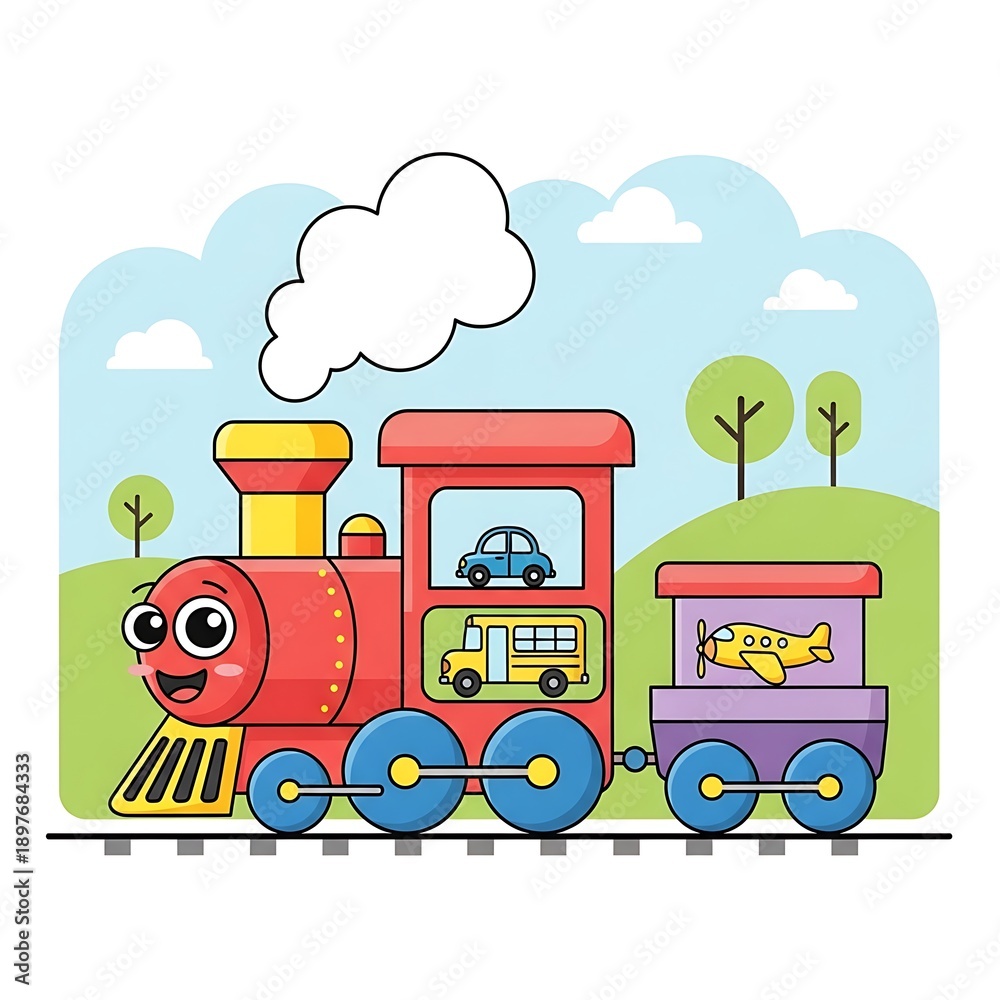 Naklejka premium Colorful cartoon train with smiling face.