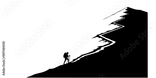 Hiker Climbing Switchback Trail Silhouette Vector Illustration
