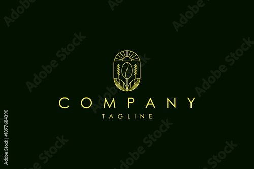 Coffee bean logo with leaf and sun elements in a frame with line art design style suitable for cafe brands, coffee shops and coffee drink businesses