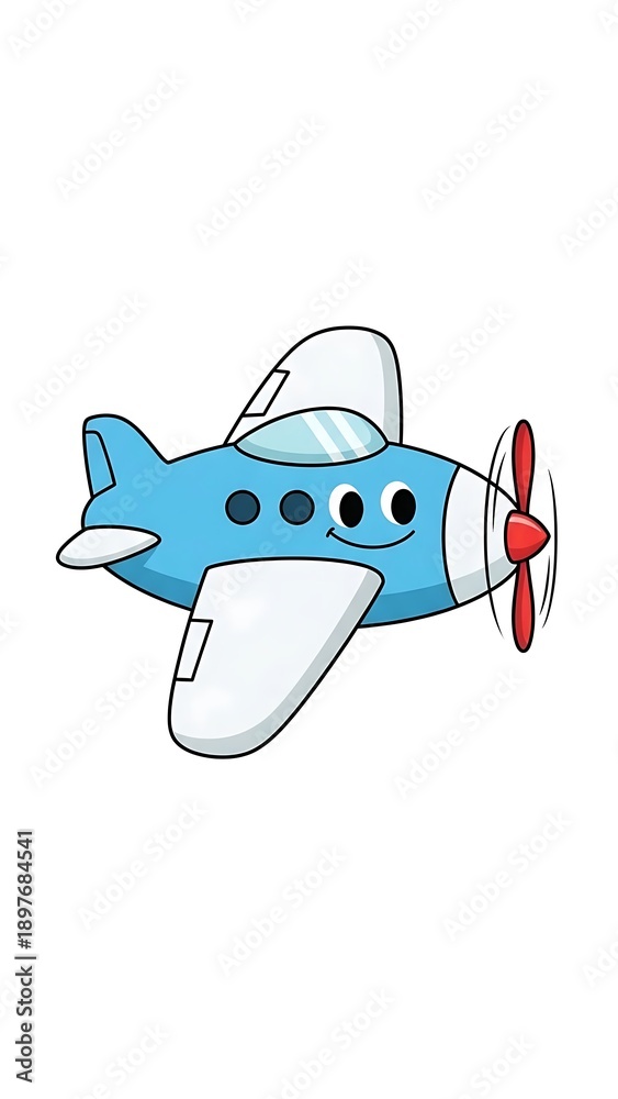 Naklejka premium Blue cartoon airplane in flight.