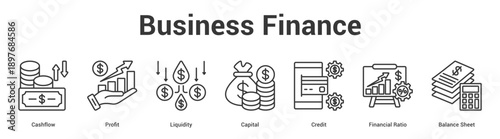 Business Finance web banner icon set vector illustration concept for business with icon of Cashflow, Profit, Liquidity, Capital, Credit, Financial Rat.