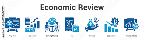Economic Review web banner icon set vector illustration concept for business with icon of Economy, Earning Sharing, Tax, Revenue, Depreciation, Financ.