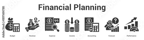 Financial Planning web banner icon set vector illustration concept for business with icon of Budget, Revenue, Expense, Income, Accounti.