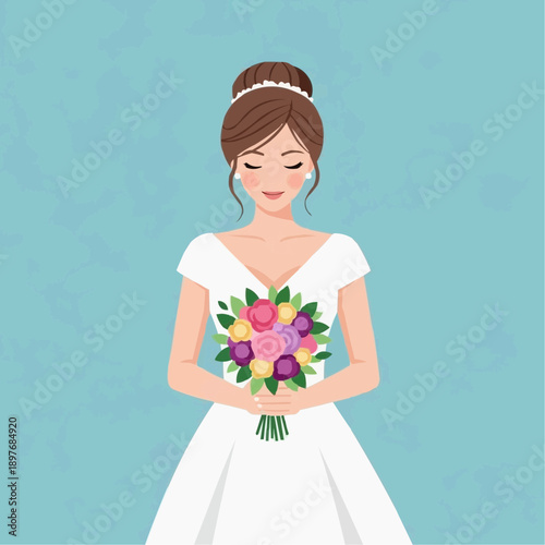 Elegant bride holding a vibrant wedding bouquet with closed eyes against a soft blue background, illustrating a romantic marriage celebration concept with joy